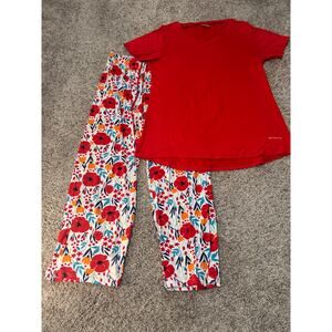 Hello Mello Lounging Pajamas - solid red top with multicolor floral pants - SM/M